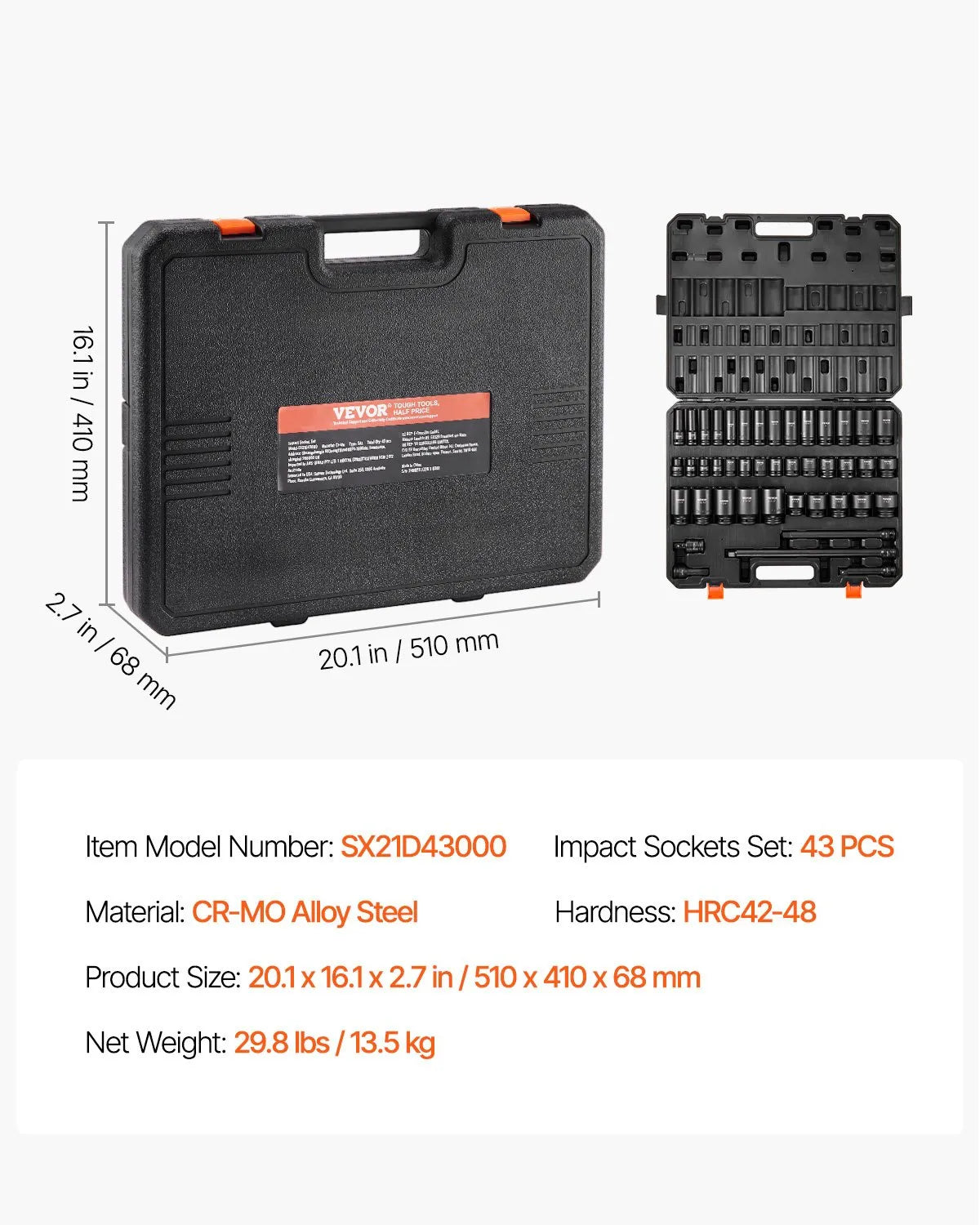 VEVOR Impact Sockets Set 43pcs 6-Point 1/2in Drive Bit Ratchet Tool Kit Case