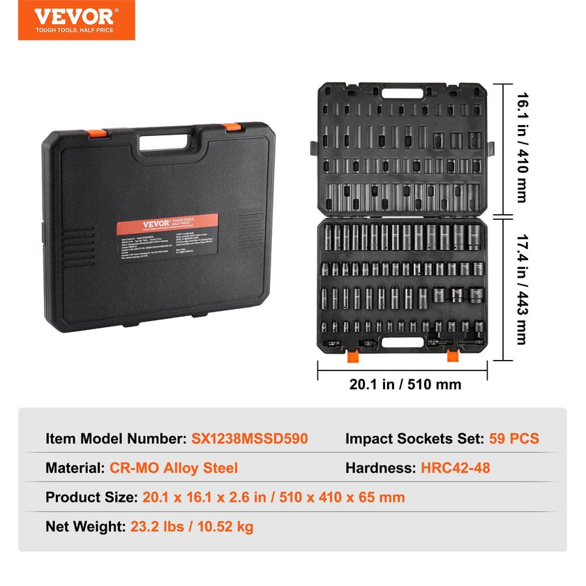 VEVOR Impact Sockets Set 59pcs 6-Point 3/8