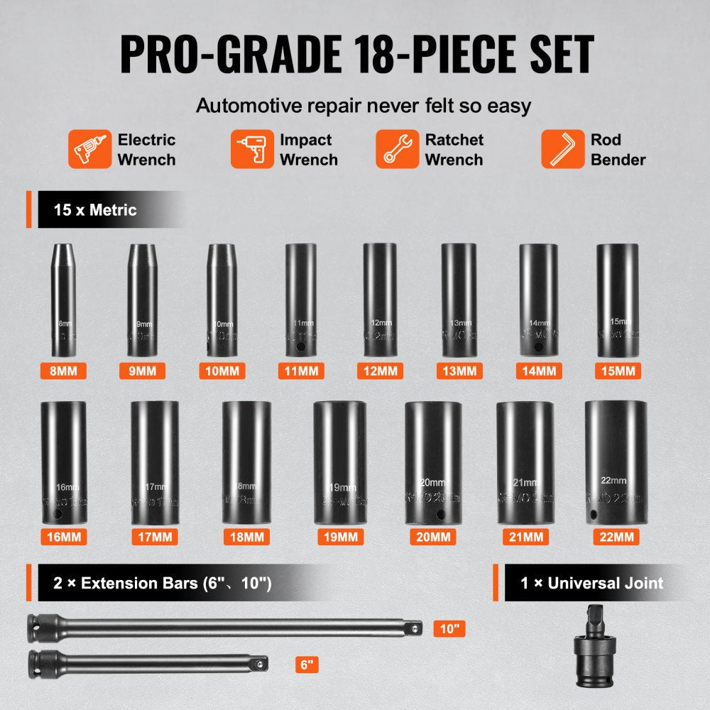 VEVOR Impact Sockets Set 18pcs 6-Point 3/8