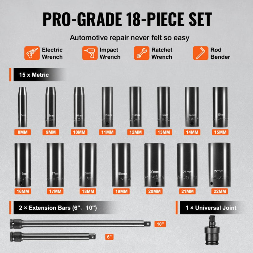 VEVOR Impact Sockets Set 18pcs 6-Point 3/8