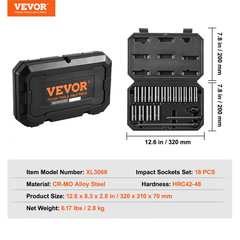 VEVOR Impact Sockets Set 18pcs 6-Point 3/8