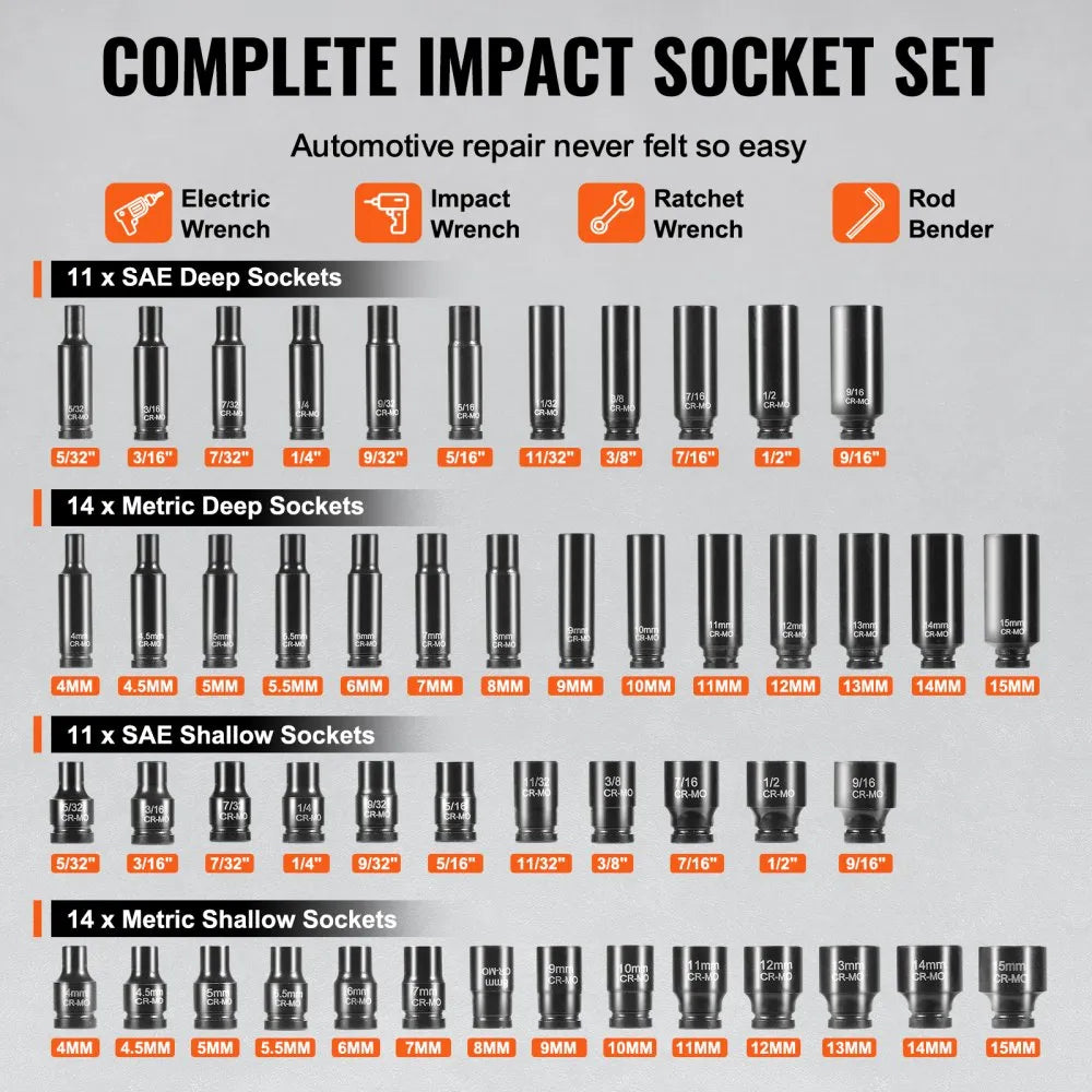 VEVOR Impact Sockets Set 55pcs 6-Point 1/4