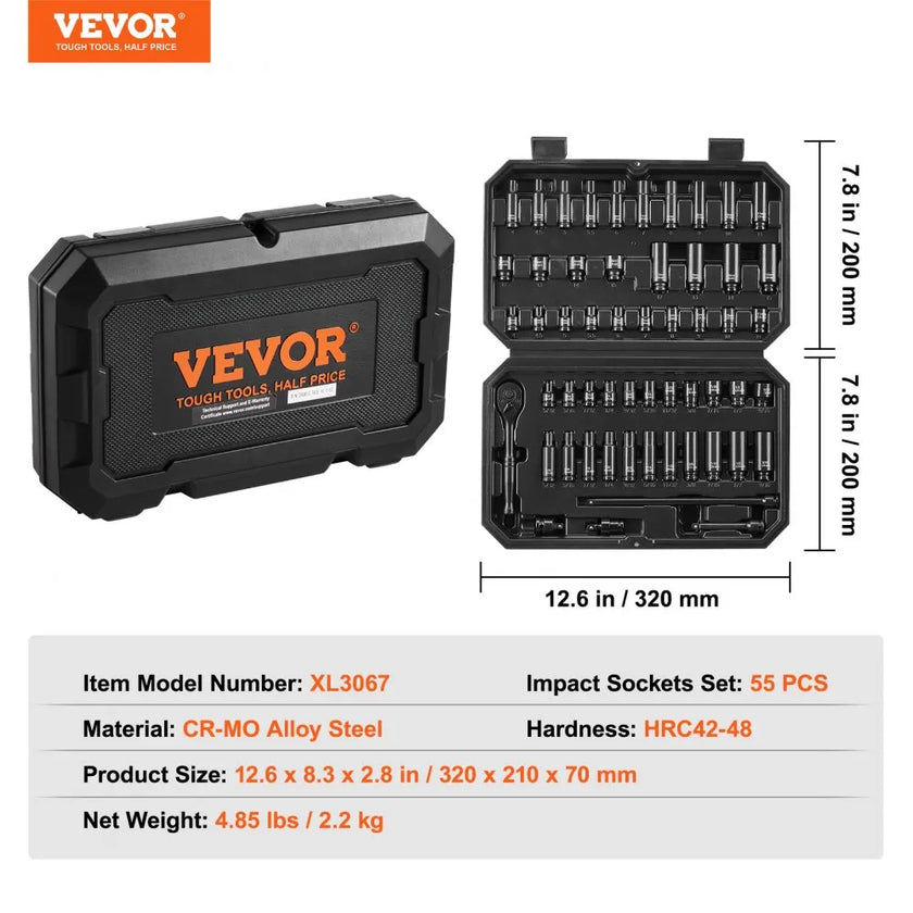 VEVOR Impact Sockets Set 55pcs 6-Point 1/4