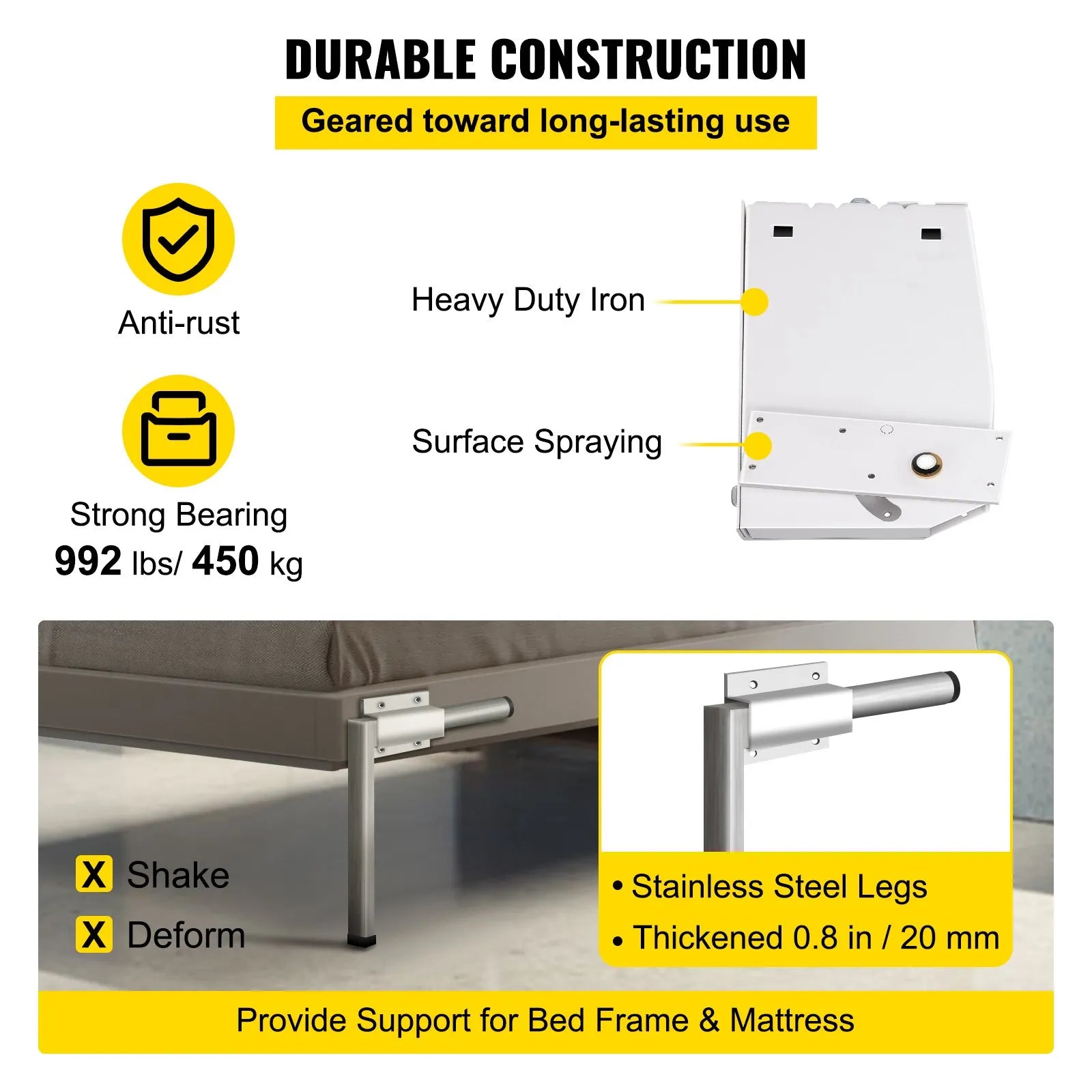 VEVOR DIY Murphy Bed Hardware Kit Vertical Mounting Wall Bed Springs Mechanism Heavy Duty Bed Support Hardware DIY Kit for King Queen Bed