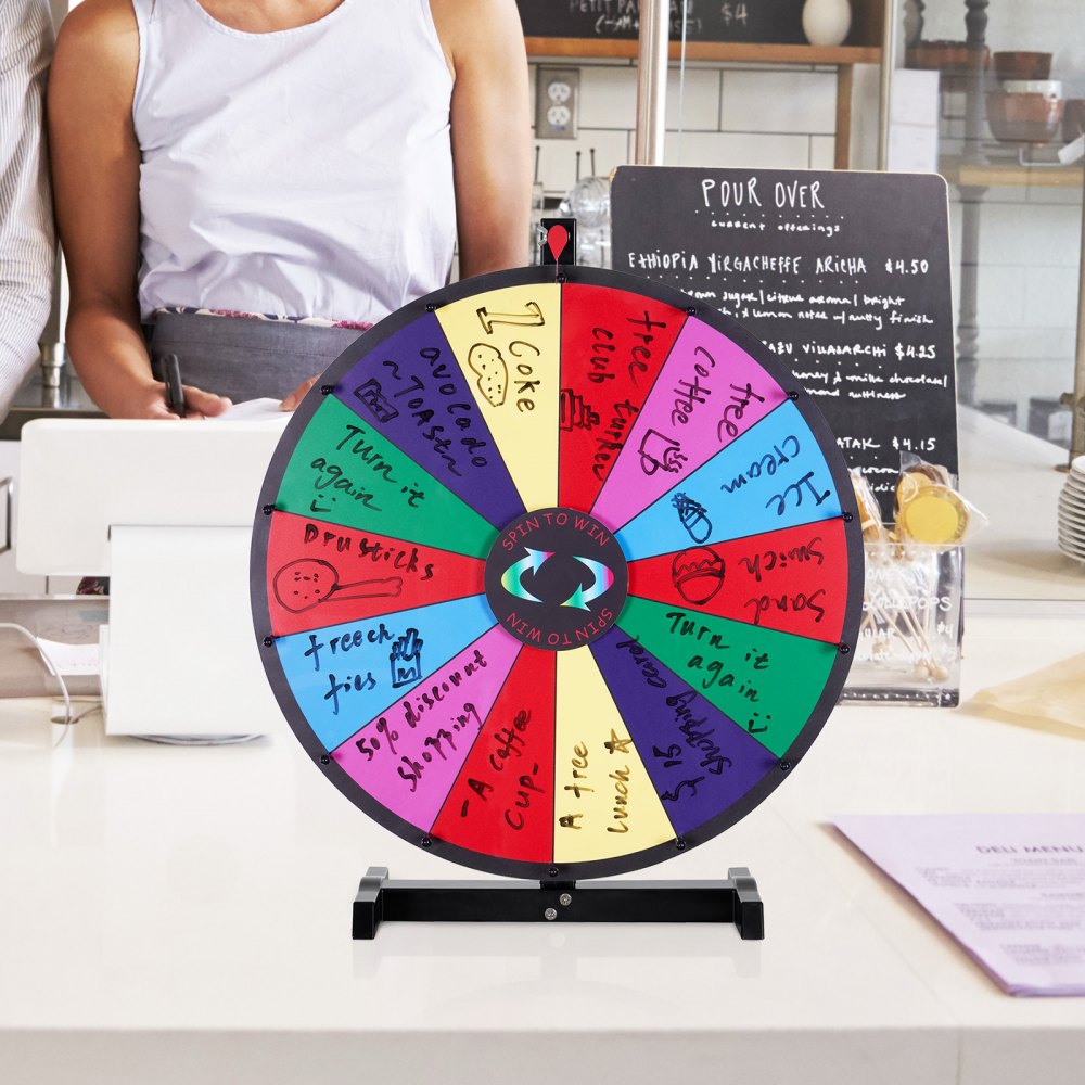 VEVOR 24 inch Spinning Prize Wheel, 14 Slots Tabletop Spinner, Heavy Duty Roulette Wheel with a Dry Erase and 2 Markers, Win Fortune Spin Games in Party Pub Trade Show Carnival