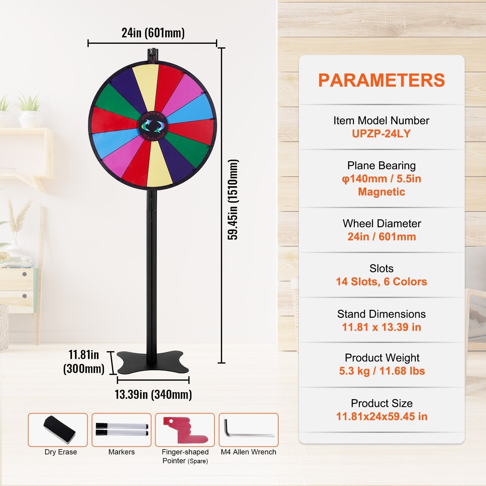 VEVOR 24 inch Spinning Prize Wheel, 14 Slots Spinning Wheel, Roulette Wheel with a Dry Erase and 2 Markers, Tabletop or Floor Standing Win Fortune Spin Games in Party Pub Trade Show Carnival