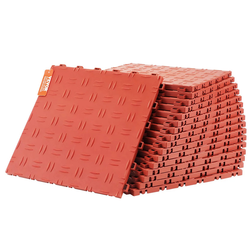VEVOR Garage Tiles Interlocking, 12 x 12 x 0.53 inch 25 Pack Garage Floor Covering Tiles, Non-Slip Double-Sided Texture Garage Flooring Tiles, for Garages, Basements, Repair Shops, Red
