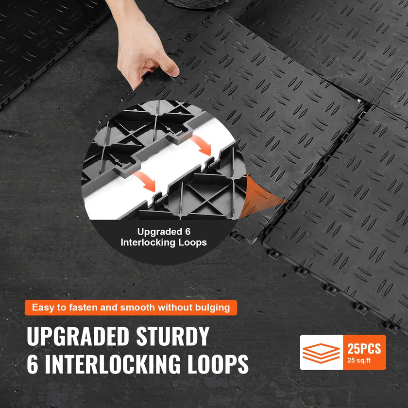 VEVOR Garage Tiles Interlocking, 12 x 12 x 0.53 inch 25 Pack Garage Floor Covering Tiles, Non-Slip Double-Sided Texture Garage Flooring Tiles, for Garages, Basements, Repair Shops, Black