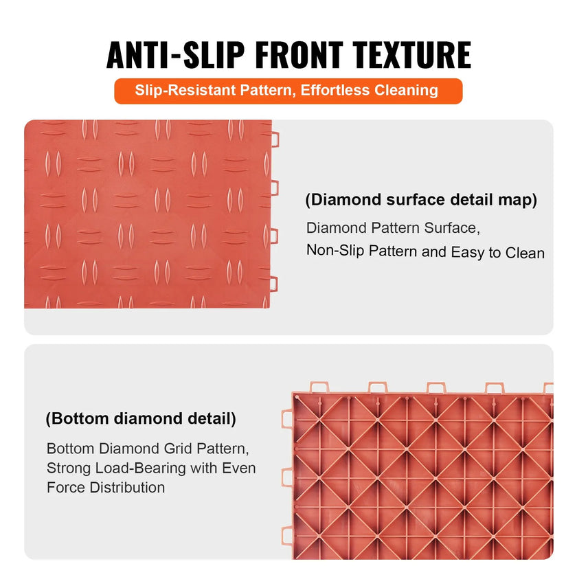 VEVOR Garage Tiles Interlocking, 12 x 12 x 0.53 inch 50 Pack Garage Floor Covering Tiles, Non-Slip Double-Sided Texture Garage Flooring Tiles, for Garages, Basements, Repair Shops, Red