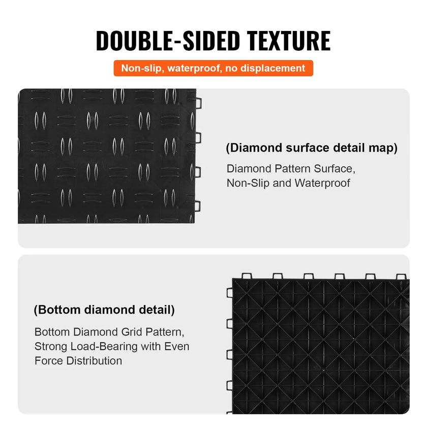 VEVOR Garage Tiles Interlocking, 12 x 12 x 0.53 inch 50 Pack Garage Floor Covering Tiles, Non-Slip Double-Sided Texture Garage Flooring Tiles, for Garages, Basements, Repair Shops, Black