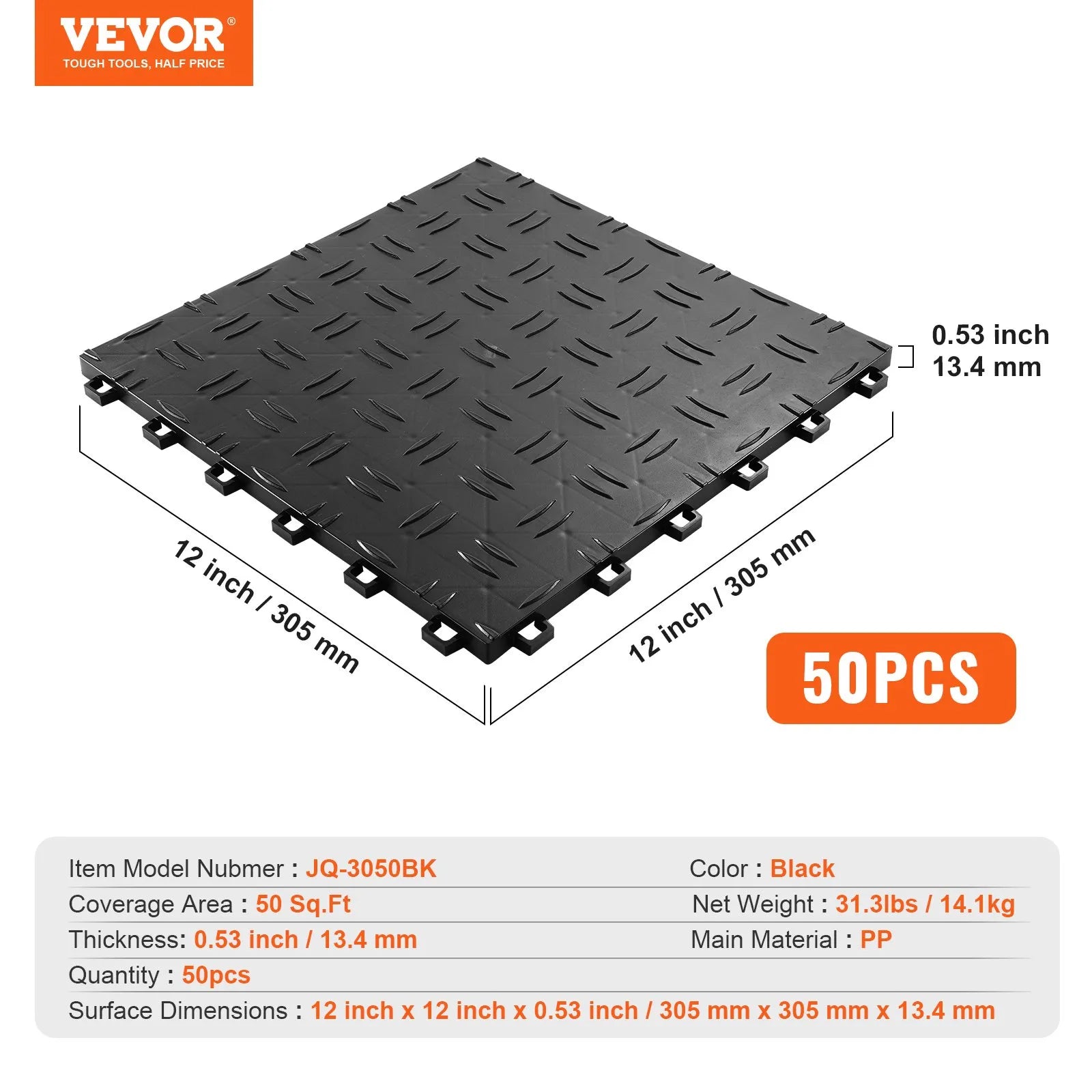 VEVOR Garage Tiles Interlocking, 12 x 12 x 0.53 inch 50 Pack Garage Floor Covering Tiles, Non-Slip Double-Sided Texture Garage Flooring Tiles, for Garages, Basements, Repair Shops, Black