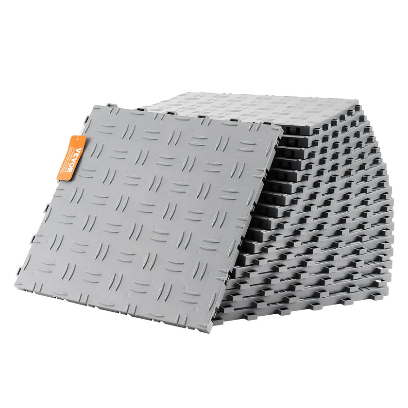 VEVOR Garage Tiles Interlocking, 12 x 12 x 0.53 inch 25 Pack Garage Floor Covering Tiles, Non-Slip Double-Sided Texture Garage Flooring Tiles, for Garages, Basements, Repair Shops, Silver