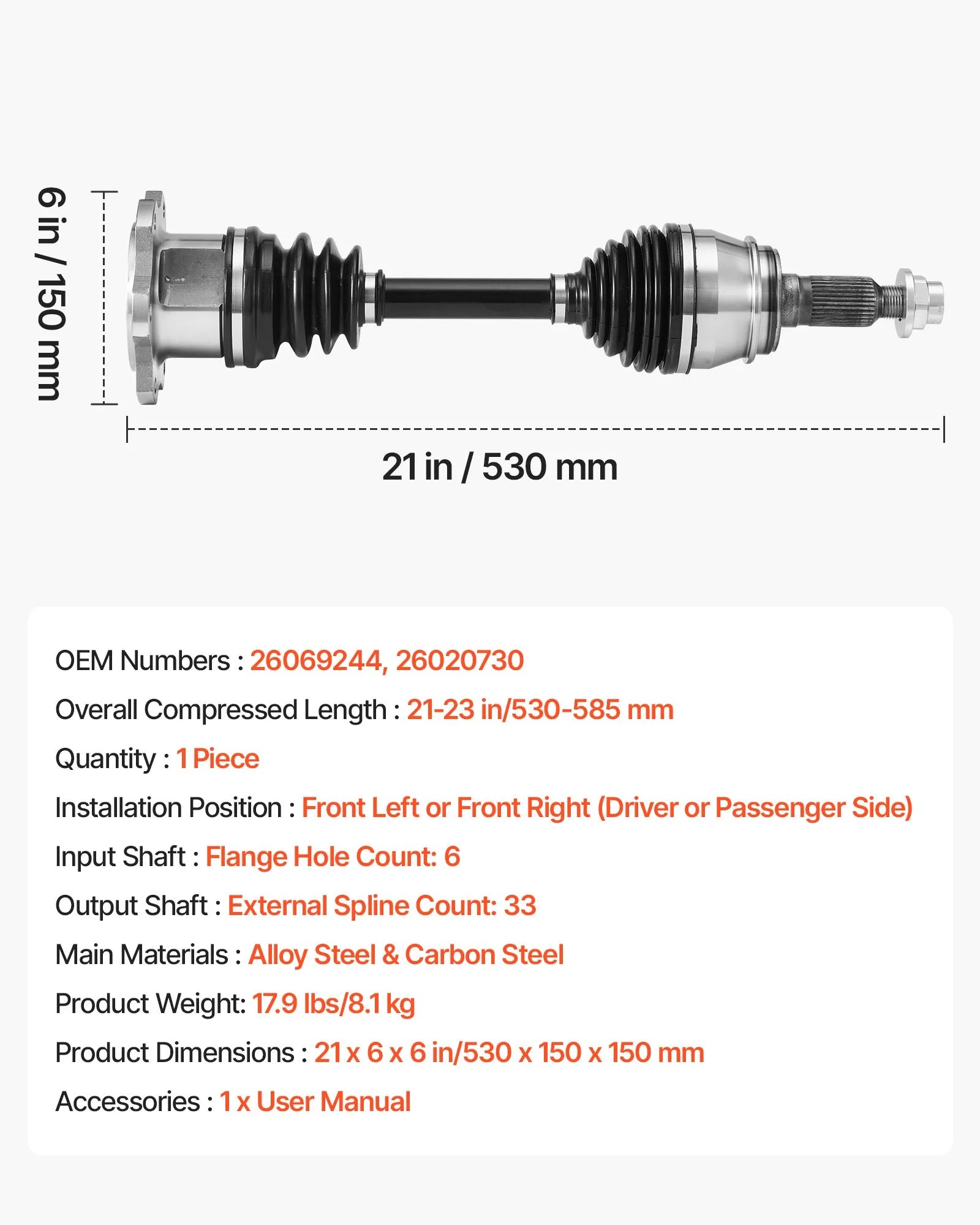 VEVOR CV Axle Shaft Assembly, Front Left or Right Side (Driver or Passenger Side), Automotive Replacement CV Joint Axle Compatible with 1999-2006 Chevrolet Silverado 1500, Alloy Steel & Carbon Steel