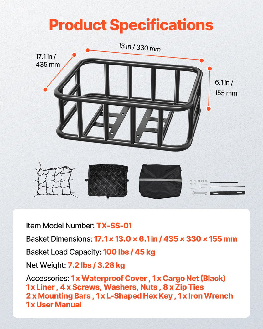 VEVOR Rear Bike Basket Large Bicycle Basket with Cargo Net Rainproof Cover Liner