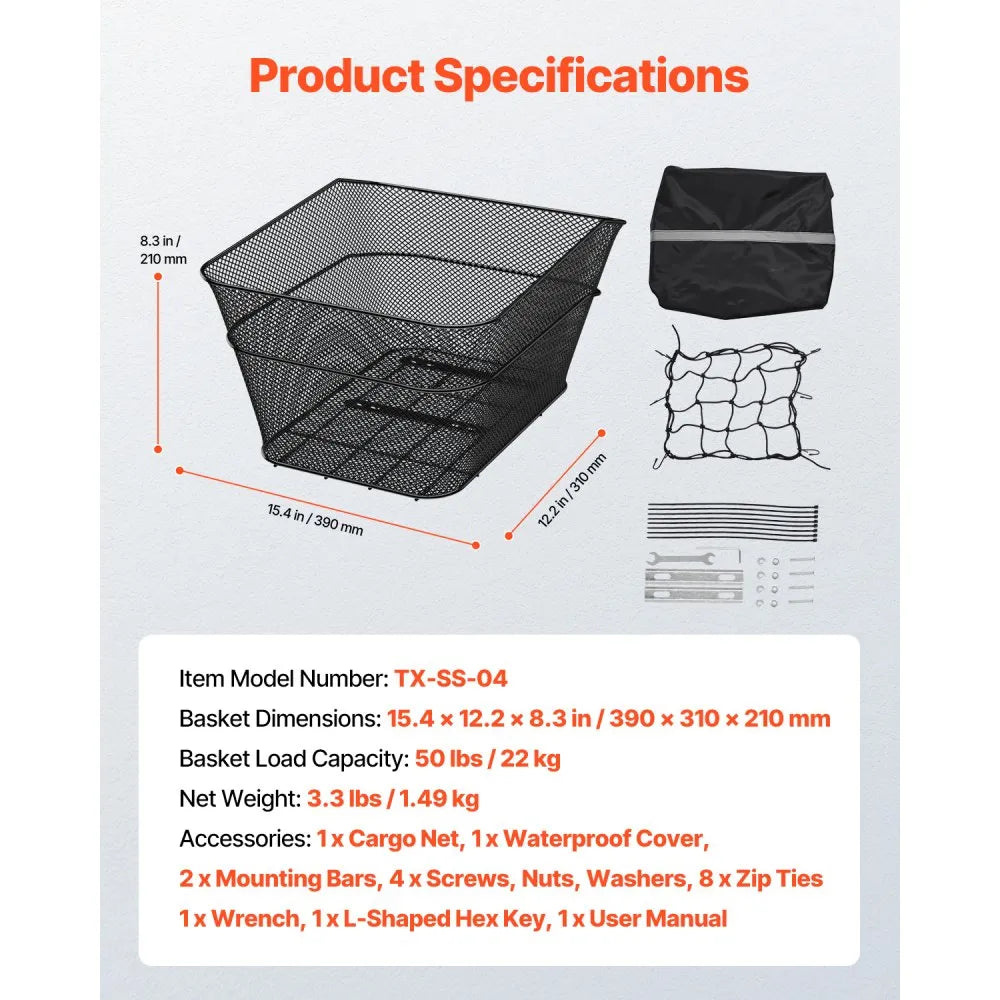 VEVOR Rear Bike Basket Wire Mesh Bicycle Basket with Cargo Net Waterproof Cover