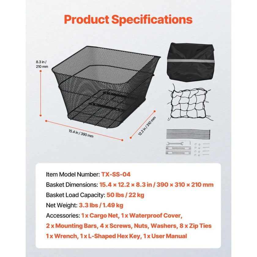 VEVOR Rear Bike Basket Wire Mesh Bicycle Basket with Cargo Net Waterproof Cover