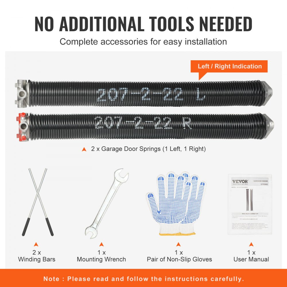 VEVOR Garage Door Torsion Springs, Pair of 0.207 x 2 x 22inch, 16000 Cycles, Garage Door Springs with Non-Slip Winding Bars, Gloves and Mounting Wrench, Electrophoresis Coated for Replacement