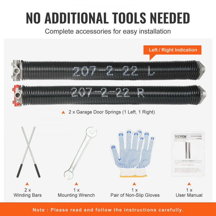 VEVOR Garage Door Torsion Springs, Pair of 0.207 x 2 x 22inch, 16000 Cycles, Garage Door Springs with Non-Slip Winding Bars, Gloves and Mounting Wrench, Electrophoresis Coated for Replacement