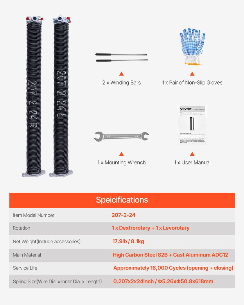 VEVOR Garage Door Torsion Springs Pair of 0.207 x 2 x 24 inch with Winding Bars