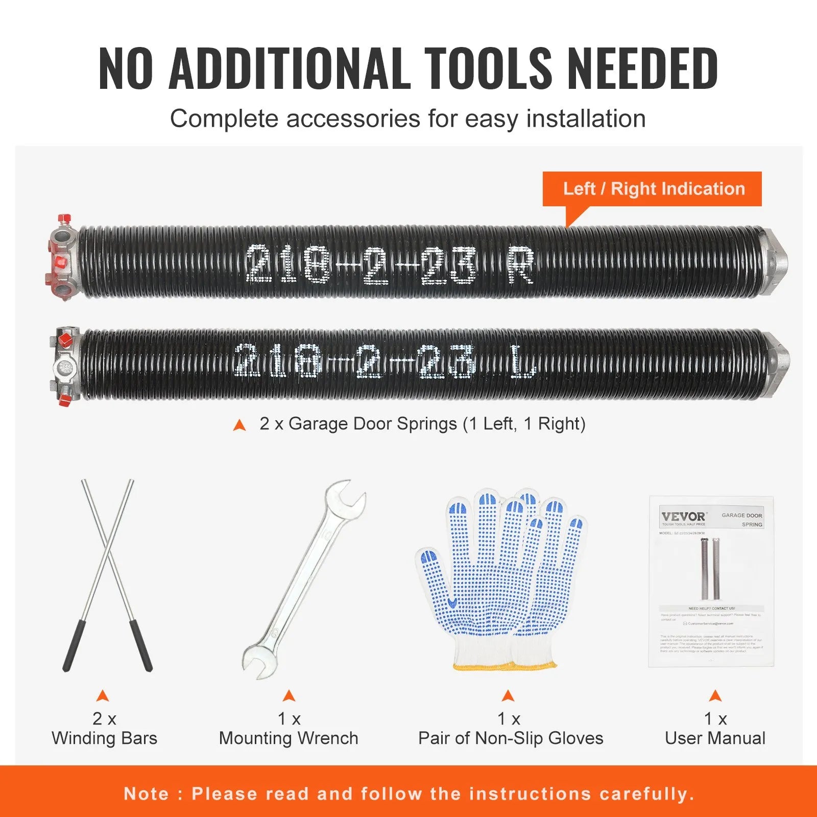 VEVOR Garage Door Torsion Springs, Pair of 0.218 x 2 x 23inch, 16000 Cycles, Garage Door Springs with Non-Slip Winding Bars, Gloves and Mounting Wrench, Electrophoresis Coated for Replacement