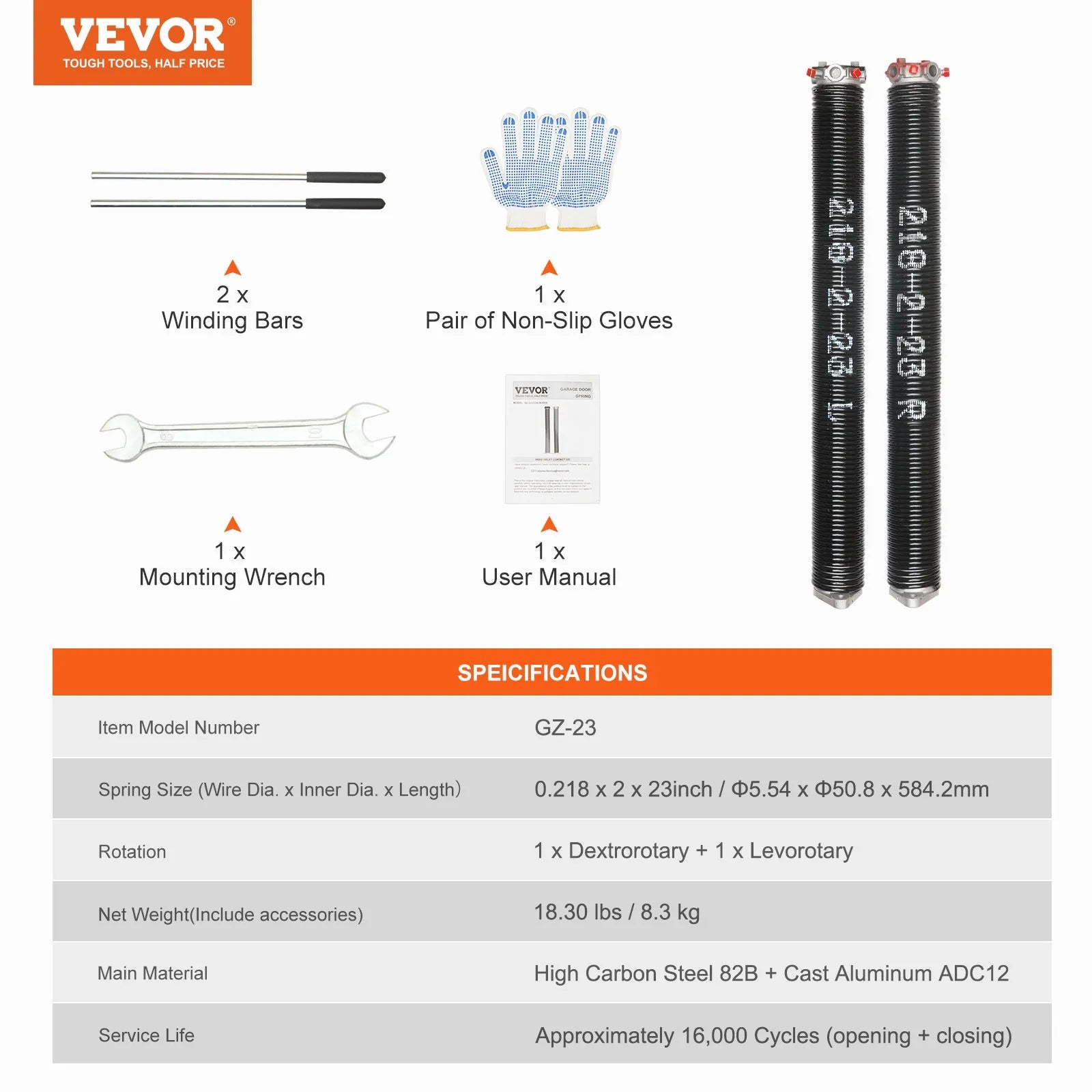 VEVOR Garage Door Torsion Springs, Pair of 0.218 x 2 x 23inch, 16000 Cycles, Garage Door Springs with Non-Slip Winding Bars, Gloves and Mounting Wrench, Electrophoresis Coated for Replacement