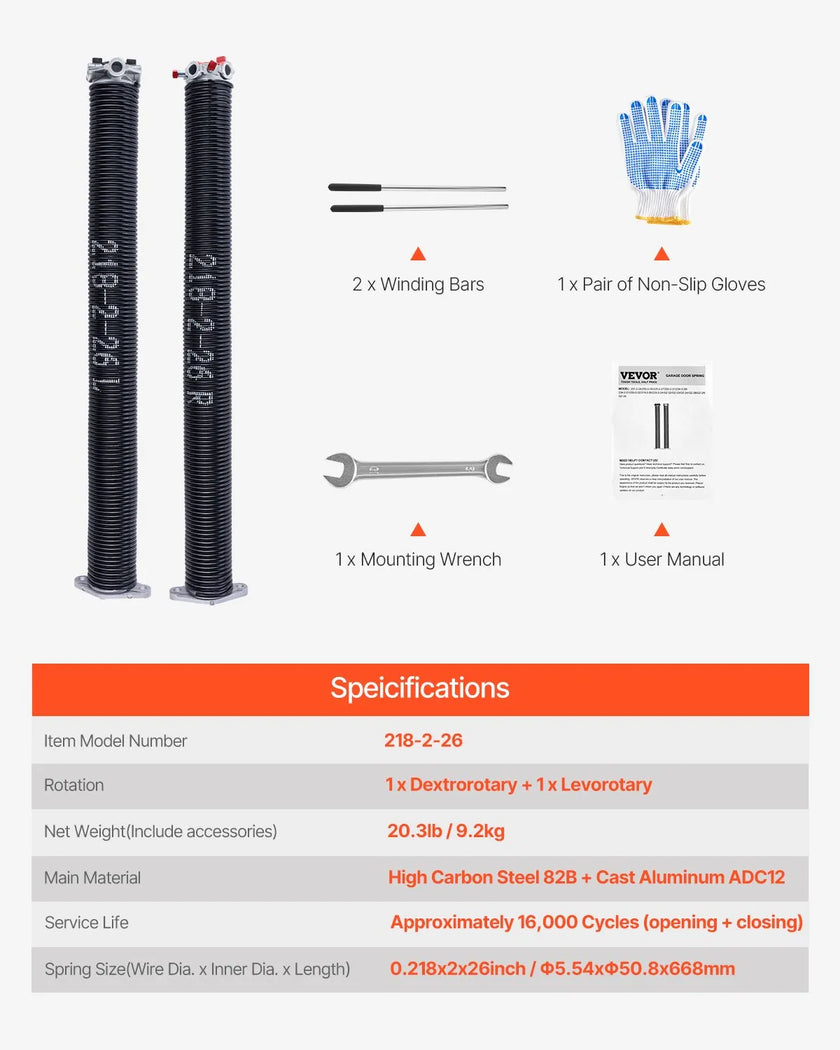 VEVOR Garage Door Torsion Springs Pair of 0.218 x 2 x 26 inch with Winding Bars