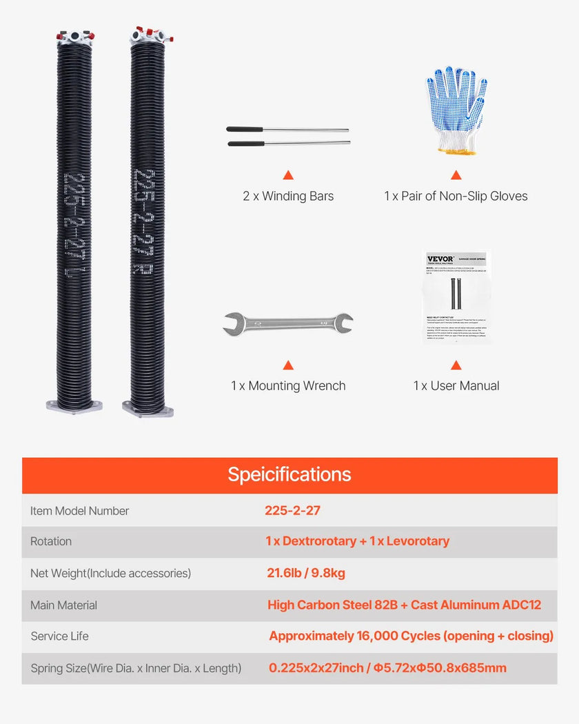 VEVOR Garage Door Torsion Springs Pair of 0.225 x 2 x 27 inch with Winding Bars