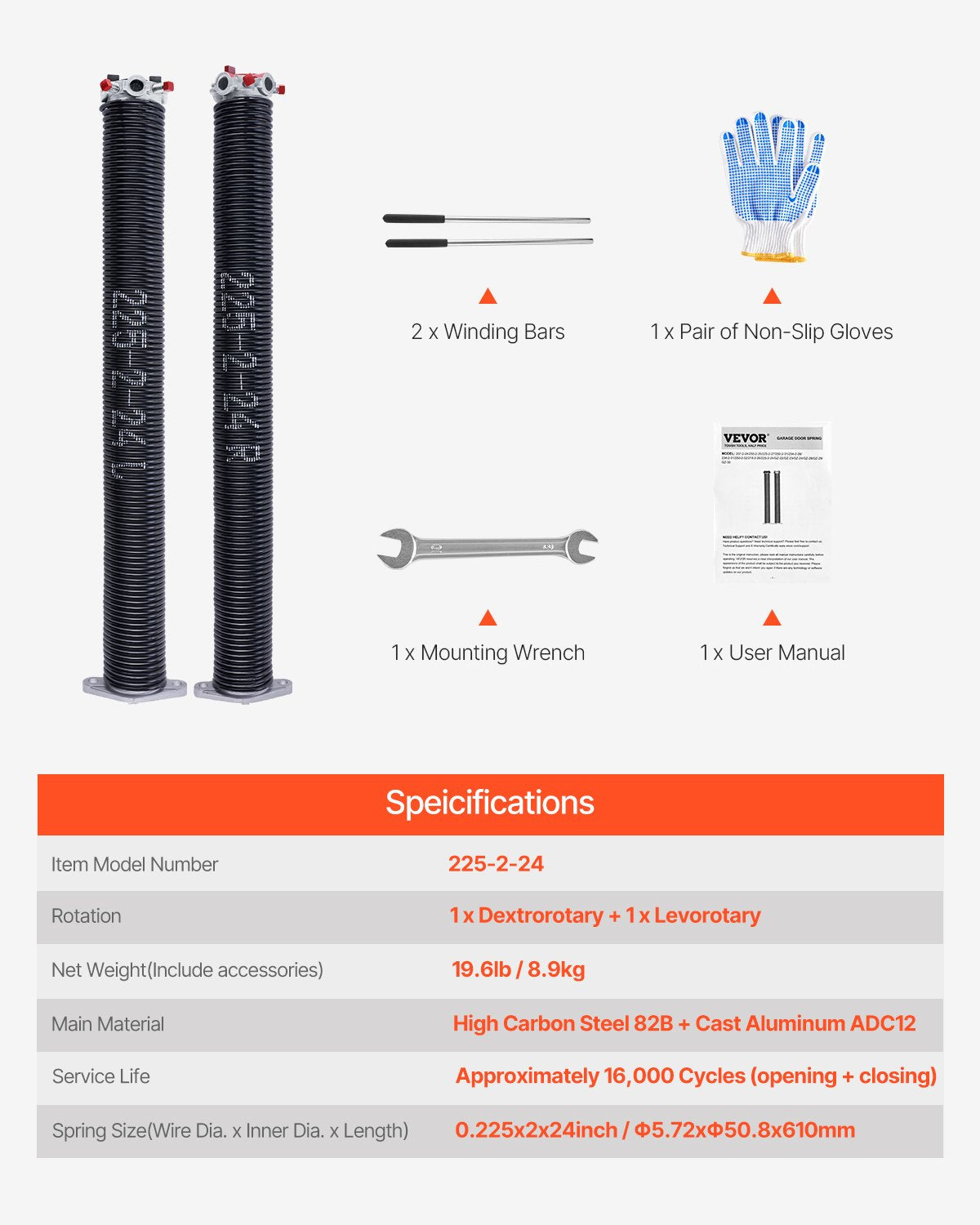 VEVOR Garage Door Torsion Springs Pair of 0.225 x 2 x 24 inch with Winding Bars