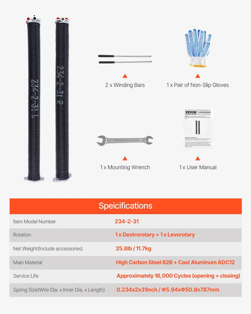 VEVOR Garage Door Torsion Springs Pair of 0.234 x 2 x 31 inch with Winding Bars