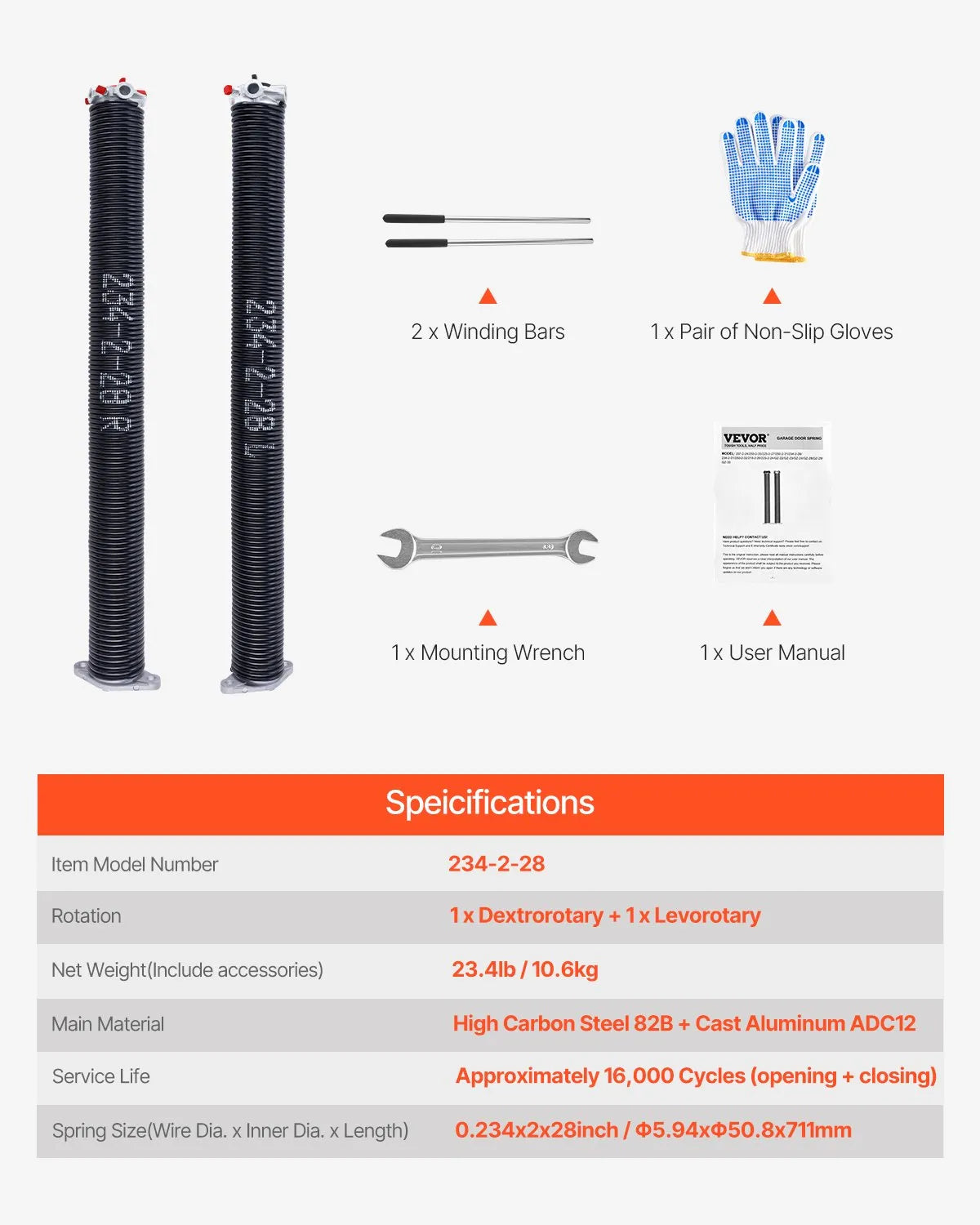 VEVOR Garage Door Torsion Springs Pair of 0.234 x 2 x 28 inch with Winding Bars