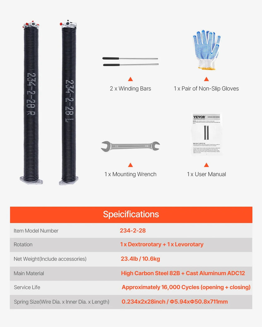 VEVOR Garage Door Torsion Springs Pair of 0.234 x 2 x 28 inch with Winding Bars