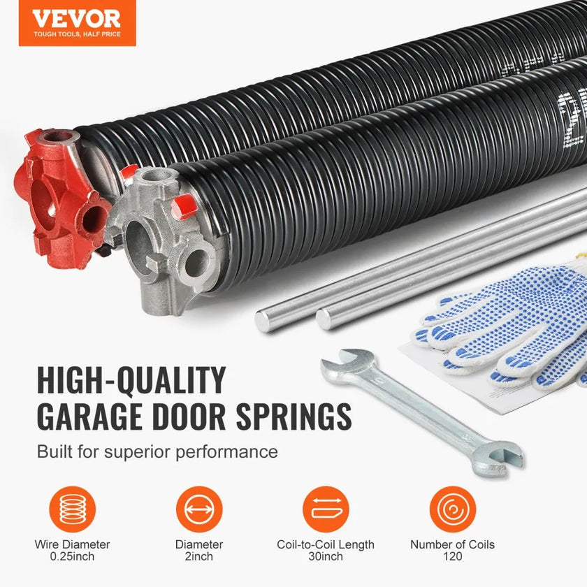 VEVOR Garage Door Torsion Springs, Pair of 0.25 x 2 x 30inch, 16000 Cycles, Garage Door Springs with Non-Slip Winding Bars, Gloves and Mounting Wrench, Electrophoresis Coated for Replacement