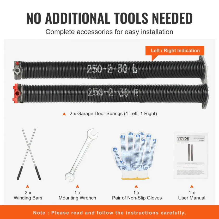 VEVOR Garage Door Torsion Springs, Pair of 0.25 x 2 x 30inch, 16000 Cycles, Garage Door Springs with Non-Slip Winding Bars, Gloves and Mounting Wrench, Electrophoresis Coated for Replacement