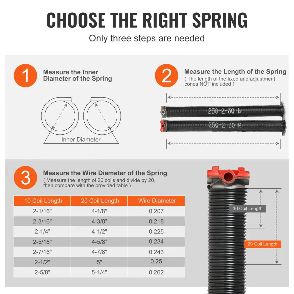 VEVOR Garage Door Torsion Springs, Pair of 0.25 x 2 x 30inch, 16000 Cycles, Garage Door Springs with Non-Slip Winding Bars, Gloves and Mounting Wrench, Electrophoresis Coated for Replacement
