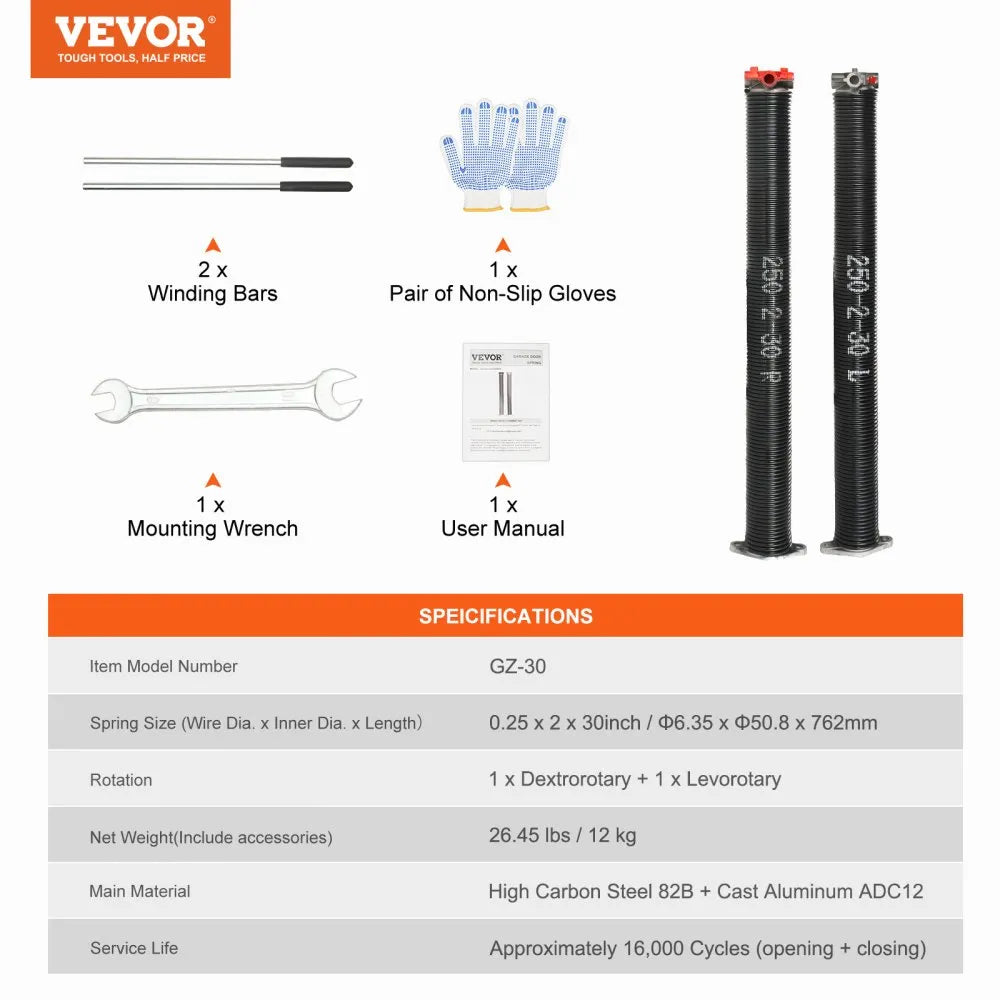 VEVOR Garage Door Torsion Springs, Pair of 0.25 x 2 x 30inch, 16000 Cycles, Garage Door Springs with Non-Slip Winding Bars, Gloves and Mounting Wrench, Electrophoresis Coated for Replacement