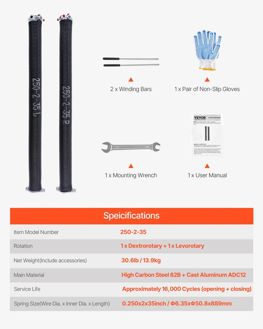 VEVOR Garage Door Torsion Springs Pair of 0.250 x 2 x 35 inch with Winding Bars