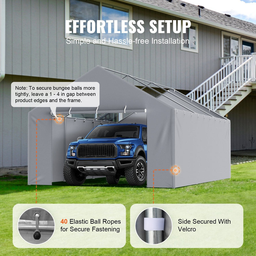 VEVOR Carport Replacement Canopy Cover Side Wall 13 x 20 ft, Garage Tent Shelter Tarp Heavy-Duty Waterproof & UV Protected, Easy Installation with Ball Bungees,Grey (Top and Frame Not Included)
