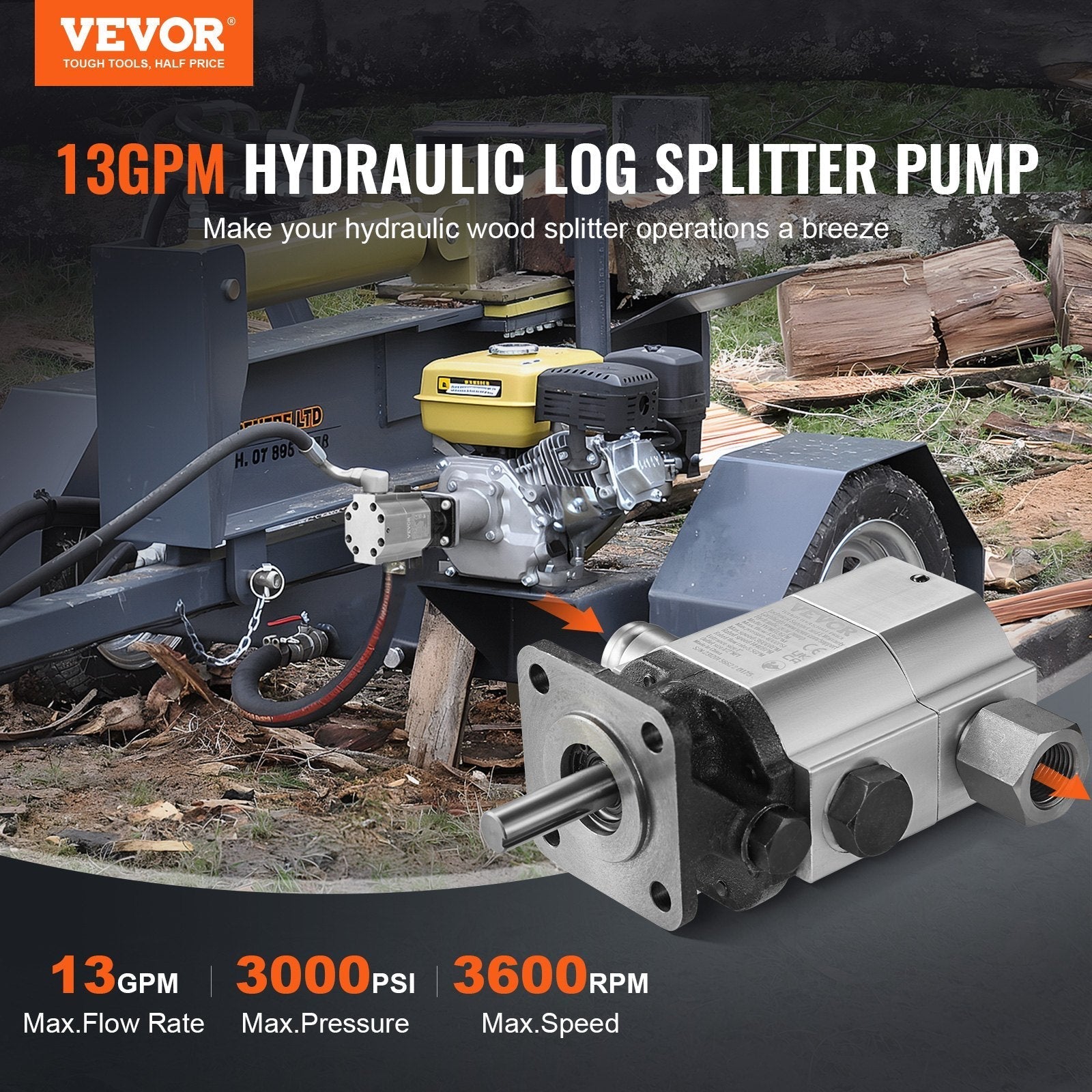 VEVOR Hydraulic Wood Log Splitter Pump 13GPM 2 Stage 3000PSI Hydraulic Gear Pump