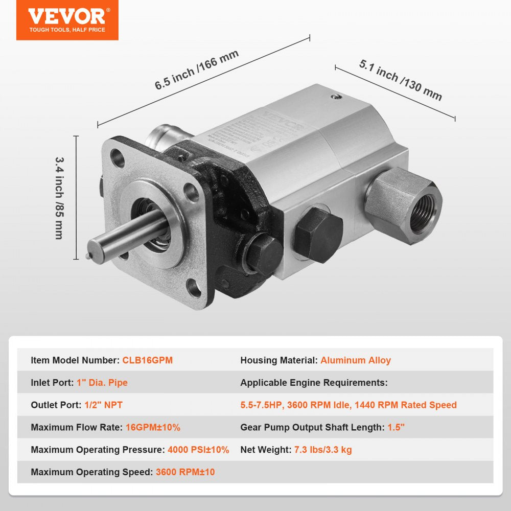 VEVOR Hydraulic Log Splitter Pump, 16GPM, 2 Stage 4000PSI Wood Log Splitter Pump, 1'' Inlet 1/2'' NPT Outlet 3600 RPM Aluminum Hydraulic Gear Pump, for Small Engine Mounting Log Splitters Snowplow