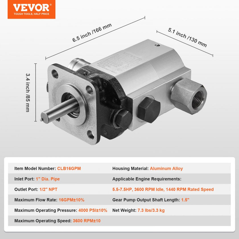 VEVOR Hydraulic Log Splitter Pump, 16GPM, 2 Stage 4000PSI Wood Log Splitter Pump, 1'' Inlet 1/2'' NPT Outlet 3600 RPM Aluminum Hydraulic Gear Pump, for Small Engine Mounting Log Splitters Snowplow