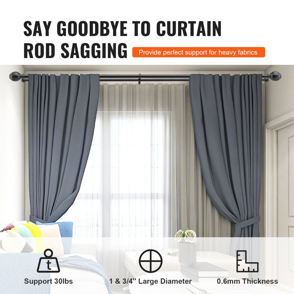 VEVOR Double Rod Curtain Rods, 36-72 inches(3-6ft) Adjustable Length, Black Double Curtain Rods with Round Finials, 1