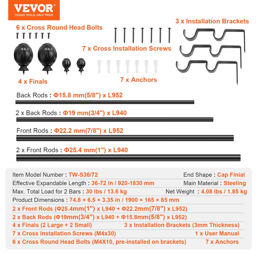 VEVOR Double Rod Curtain Rods, 36-72 inches(3-6ft) Adjustable Length, Black Double Curtain Rods with Round Finials, 1