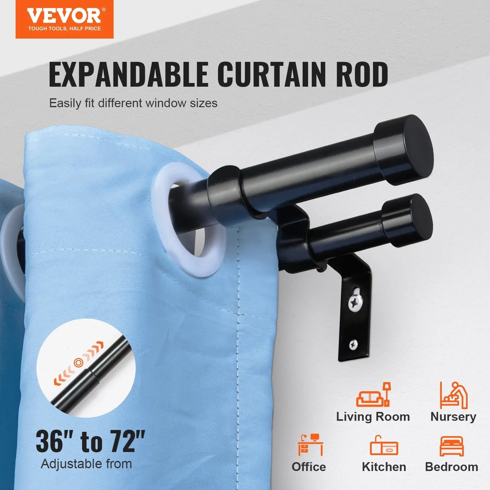 VEVOR Double Rod Curtain Rods, 36-72 inches(3-6ft) Adjustable Length, Black Double Curtain Rods with Cap Finials, 1