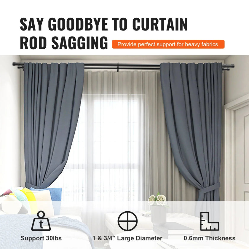 VEVOR Double Rod Curtain Rods, 36-72 inches(3-6ft) Adjustable Length, Black Double Curtain Rods with Cap Finials, 1