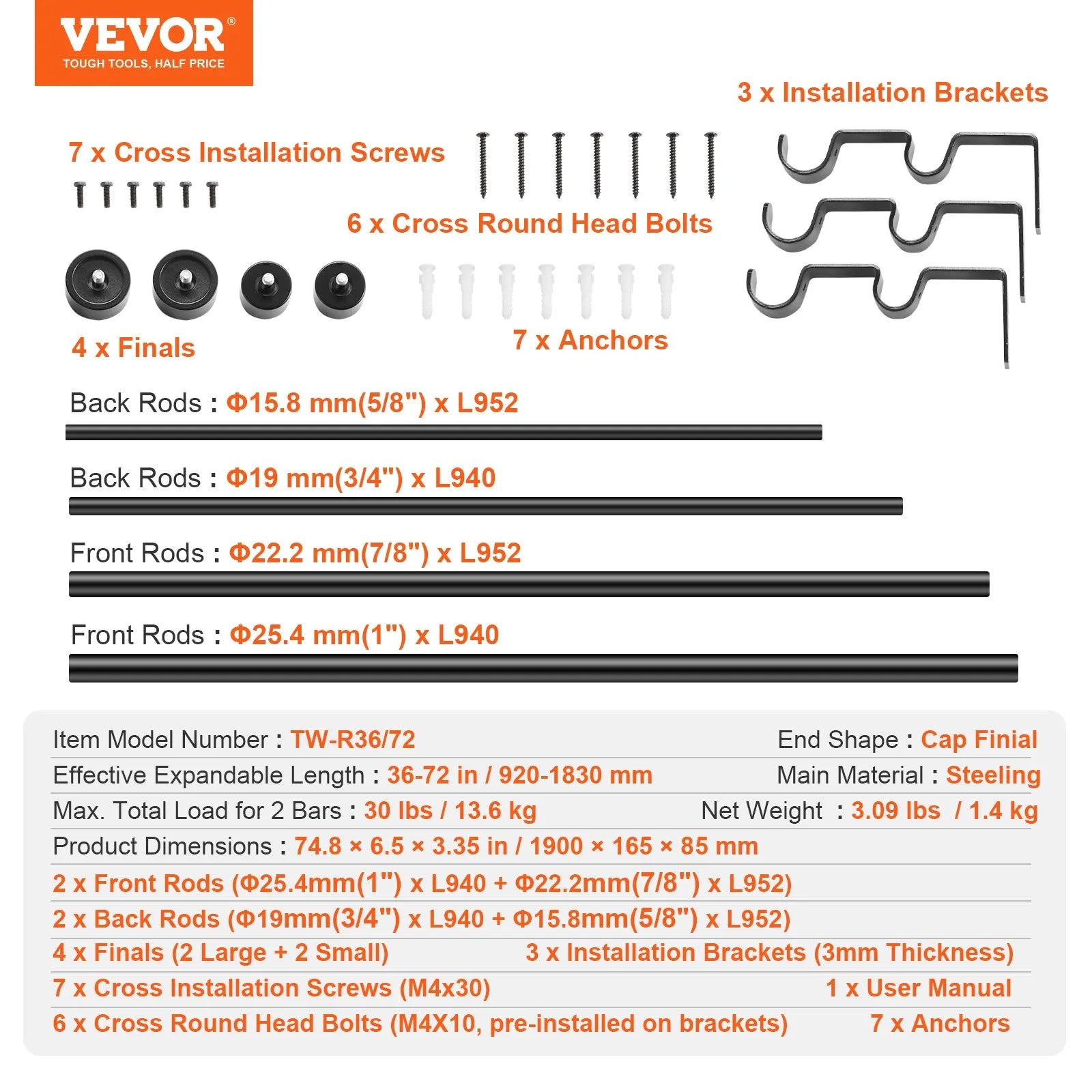 VEVOR Double Rod Curtain Rods, 36-72 inches(3-6ft) Adjustable Length, Black Double Curtain Rods with Cap Finials, 1