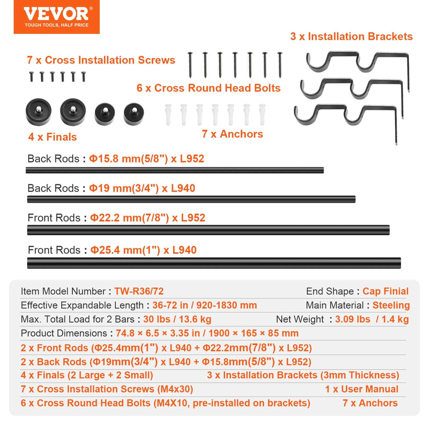 VEVOR Double Rod Curtain Rods, 36-72 inches(3-6ft) Adjustable Length, Black Double Curtain Rods with Cap Finials, 1