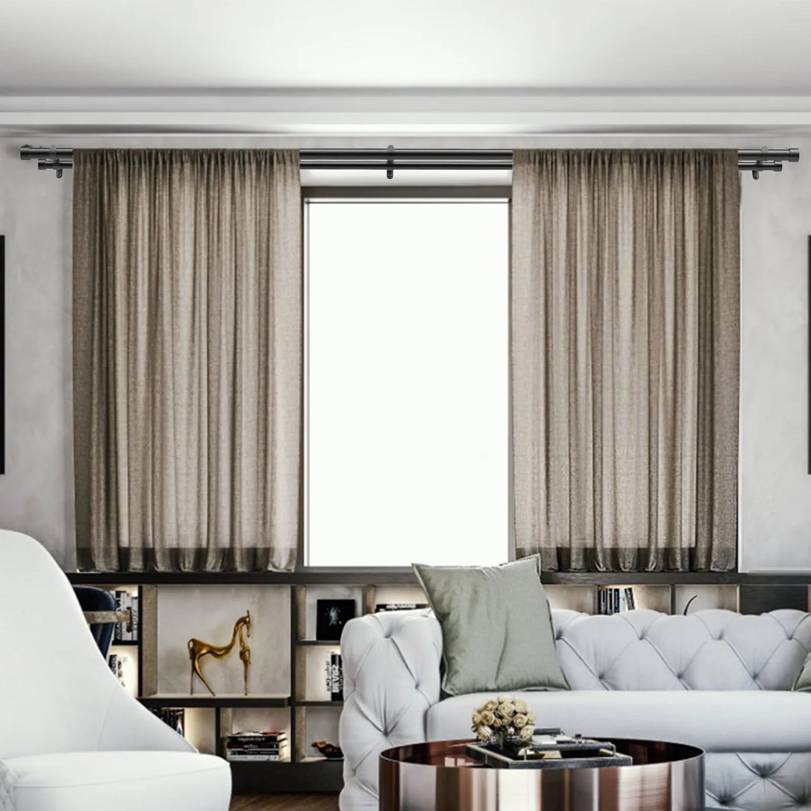 VEVOR Double Rod Curtain Rods, 36-72 inches(3-6ft) Adjustable Length, Black Double Curtain Rods with Cap Finials, 1