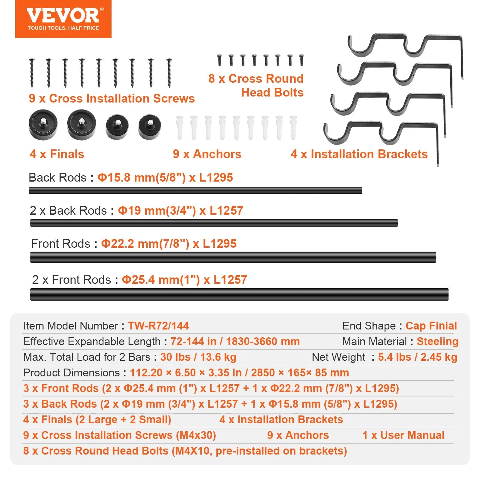 VEVOR Double Rod Curtain Rods, 72-144 inches(6-12ft) Adjustable Length, Black Double Curtain Rods with Cap Finials, 1