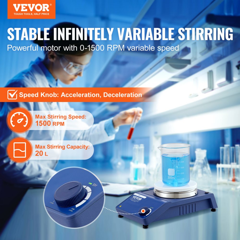 VEVOR Magnetic Stirrer, 0-1500 RPM Stir Plate with Adjustable Speed Knob, 23L Plate Stirrer Kit, Stir Bar Included