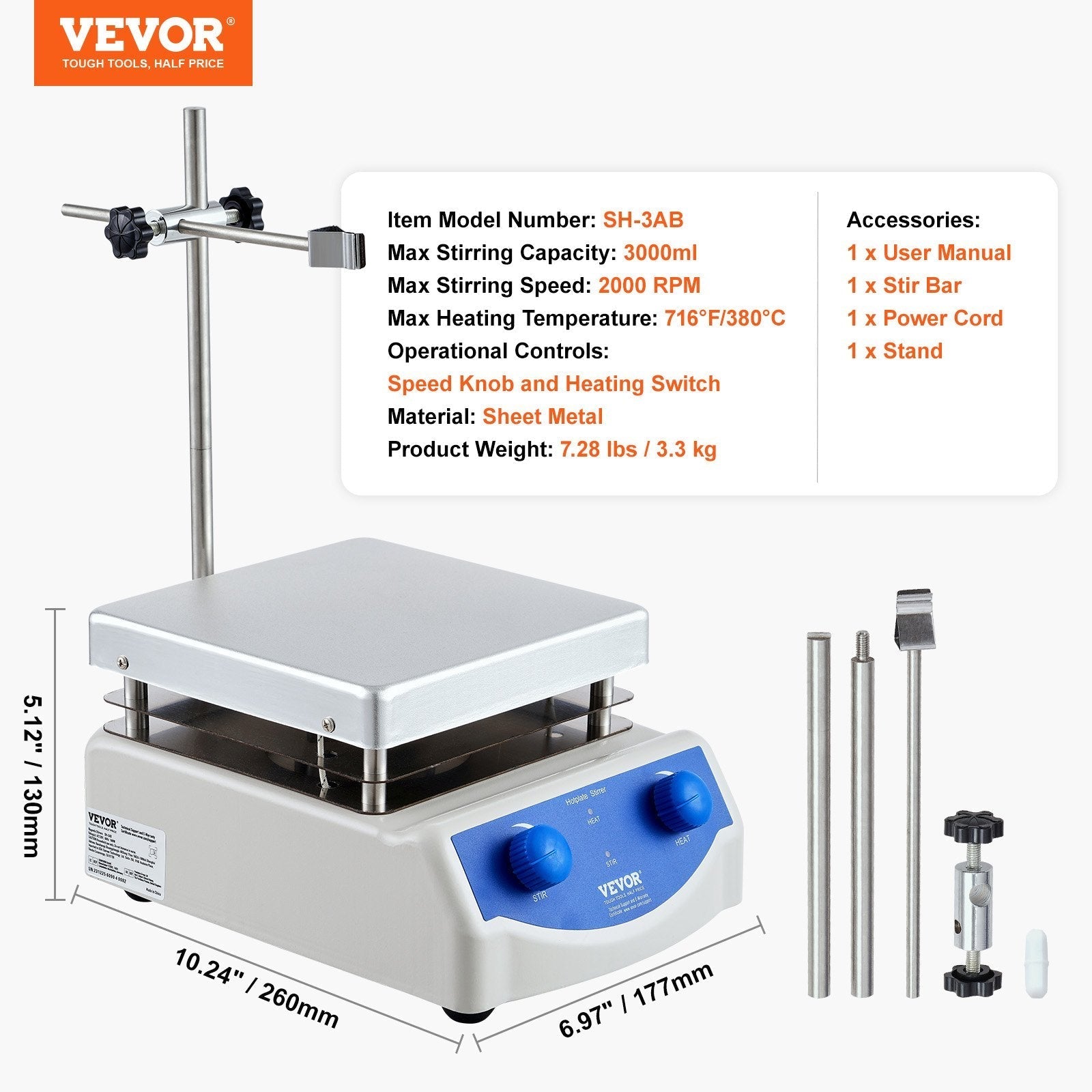 VEVOR Magnetic Stirrer Hot Plate, Max 716°F/380°C, 0-2000 RPM Hot Plate with Magnetic Stirrer, 3000mL Hot Plate Stirrer, Support Stand and Stir Bars Included, 500W Heating Power